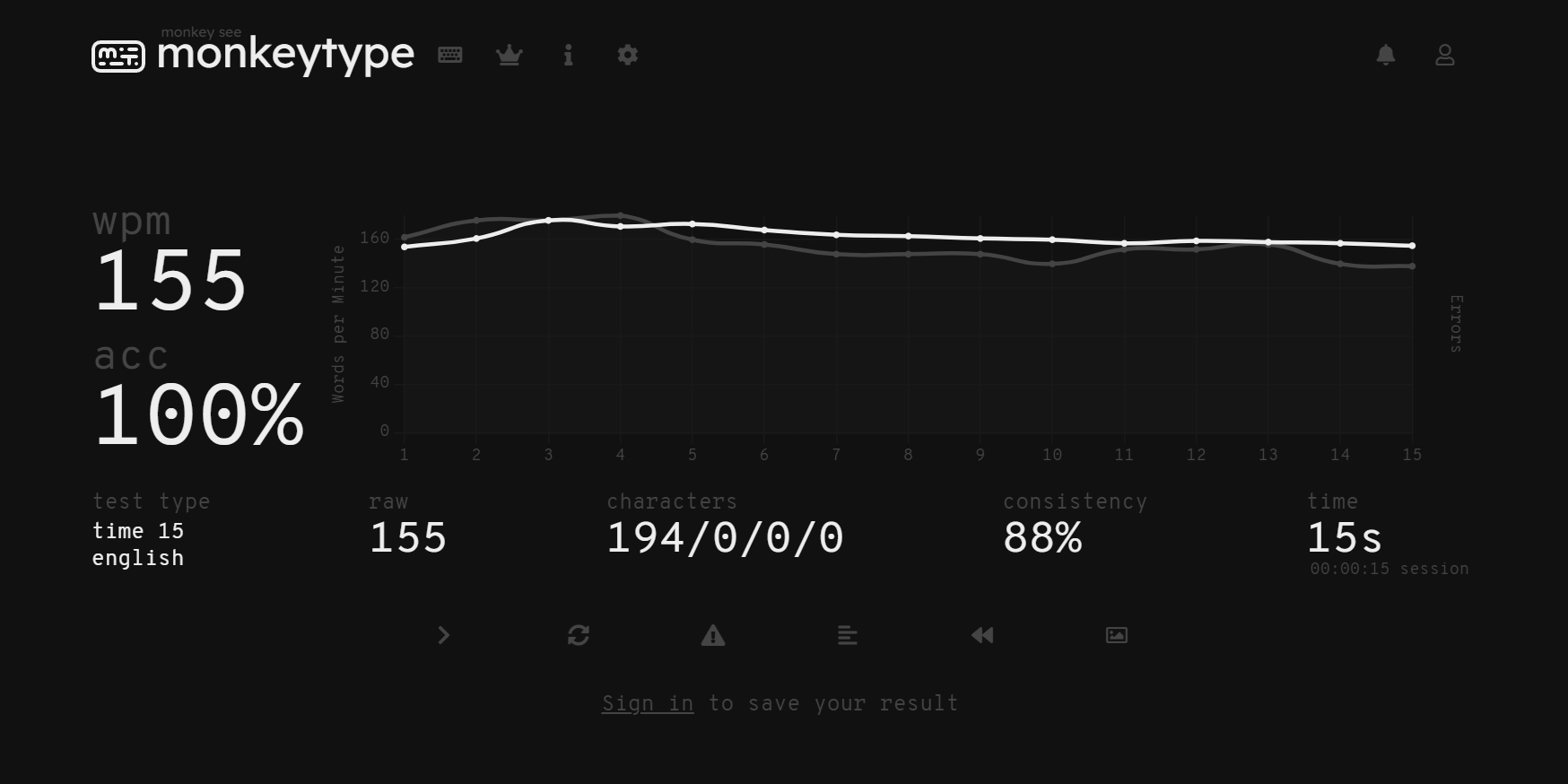 Screenshot of Monkeytype showing my typing personal best